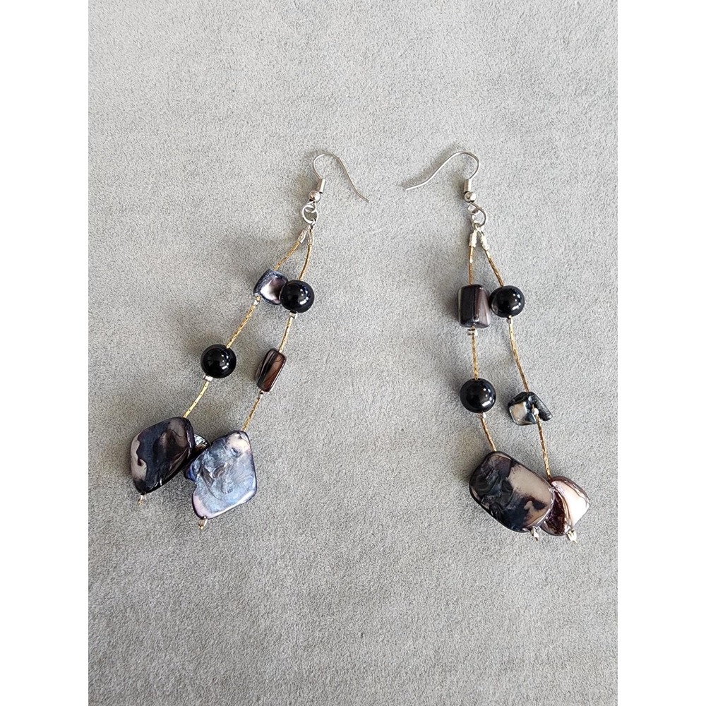 Abalone Shell Natural Chunk Dangle Earrings Mixed Metal Gold & Silver Tones - Picture 5 of 9